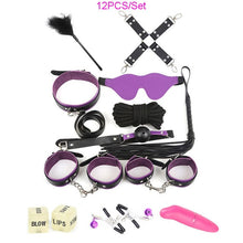 Load image into Gallery viewer, 12PCS BDSM Sex Bondage Set HandCuffs Collars Whip Rope Sex Toys For Couples Women Gay Nipple Clamps Vibrator Anal Butt Plug Tail